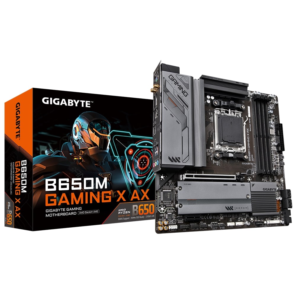 Gigabyte | B650M GAMING X AX 1.1 M/B | Processor family AMD | Processor socket AM5 | DDR5 DIMM | Memory slots 4 | Supported hard disk drive interfaces SATA, M.2 | Number of SATA connectors 4 | Chipset B650 | Micro ATX