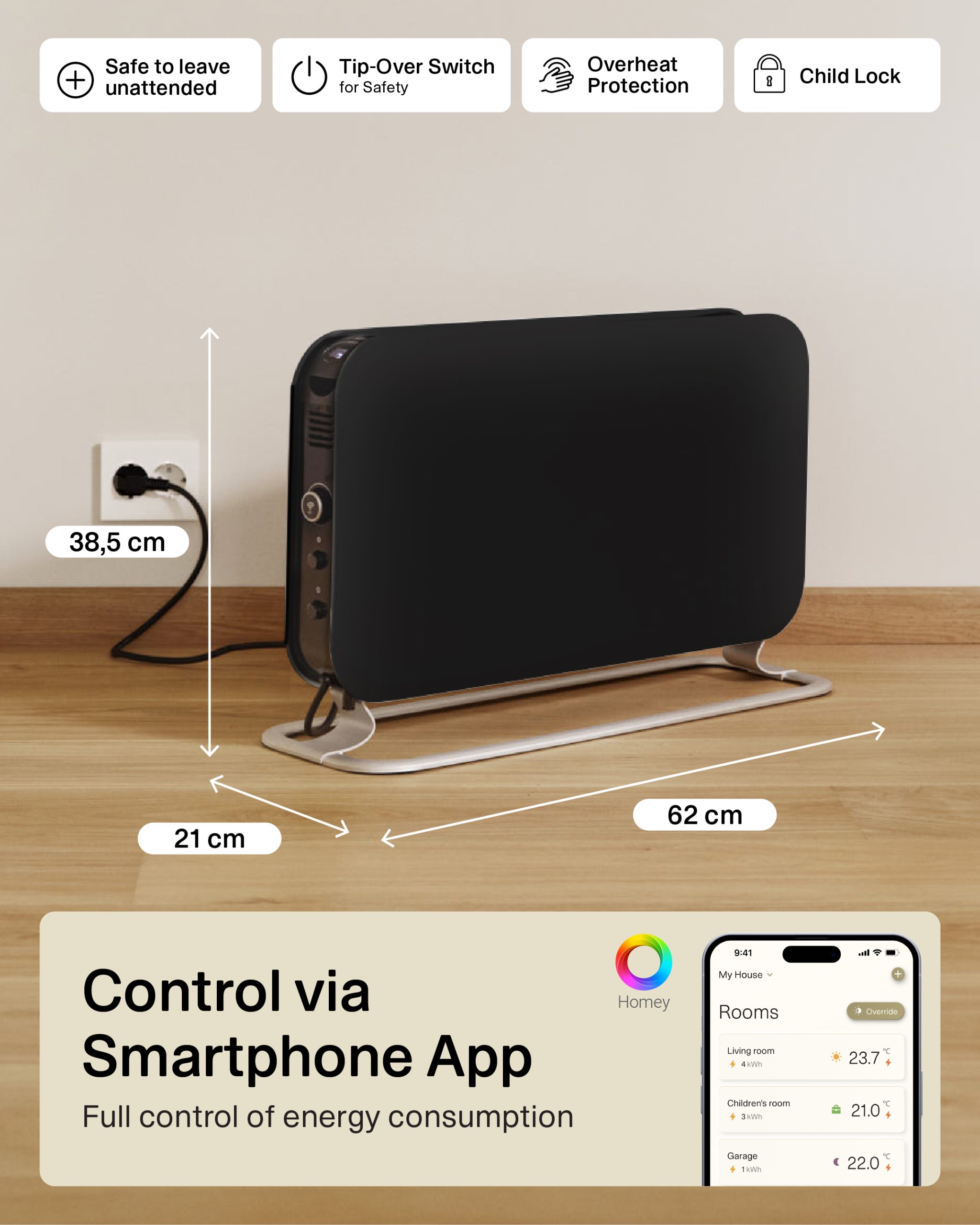 Mill CO1200WIFI3BLACK GEN3 Convection Heater, 1200W, Steel fronts, LED display, Black | Mill | Heater | CO1200WIFI3BLACK GEN3 | Convection Heater | 1200 W | Black - Image 10