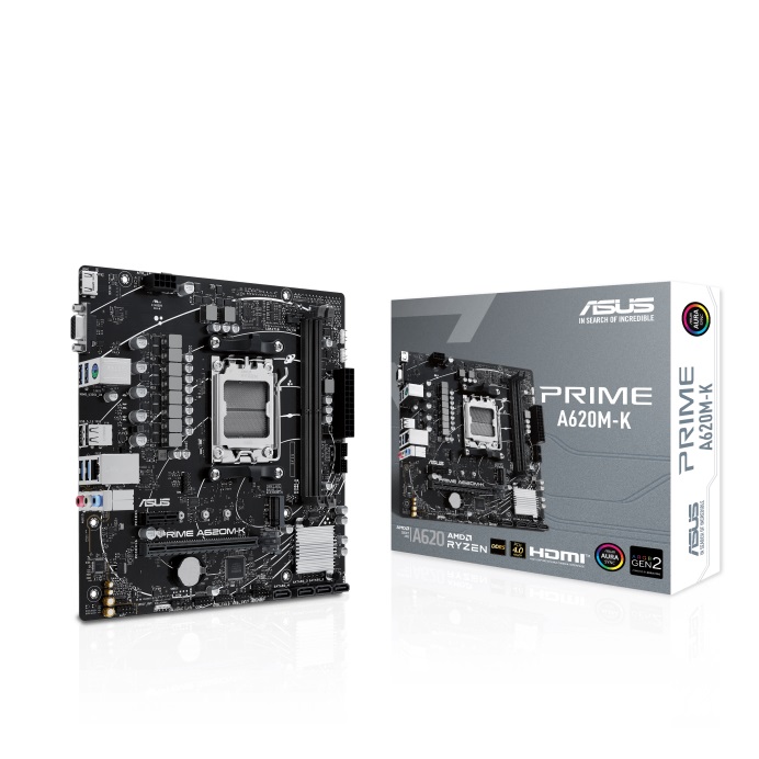 Asus | PRIME A620M-K | Processor family AMD | Processor socket AM5 | DDR5 DIMM | Memory slots 2 | Supported hard disk drive interfaces SATA, M.2 | Number of SATA connectors 4 | Chipset AMD A620 | micro-ATX
