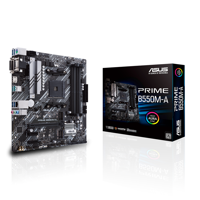 Asus | PRIME B550M-A | Processor family AMD | Processor socket AM4 | DDR4 | Memory slots 4 | Supported hard disk drive interfaces M.2, SATA | Number of SATA connectors 4 | Chipset AMD B | Micro ATX