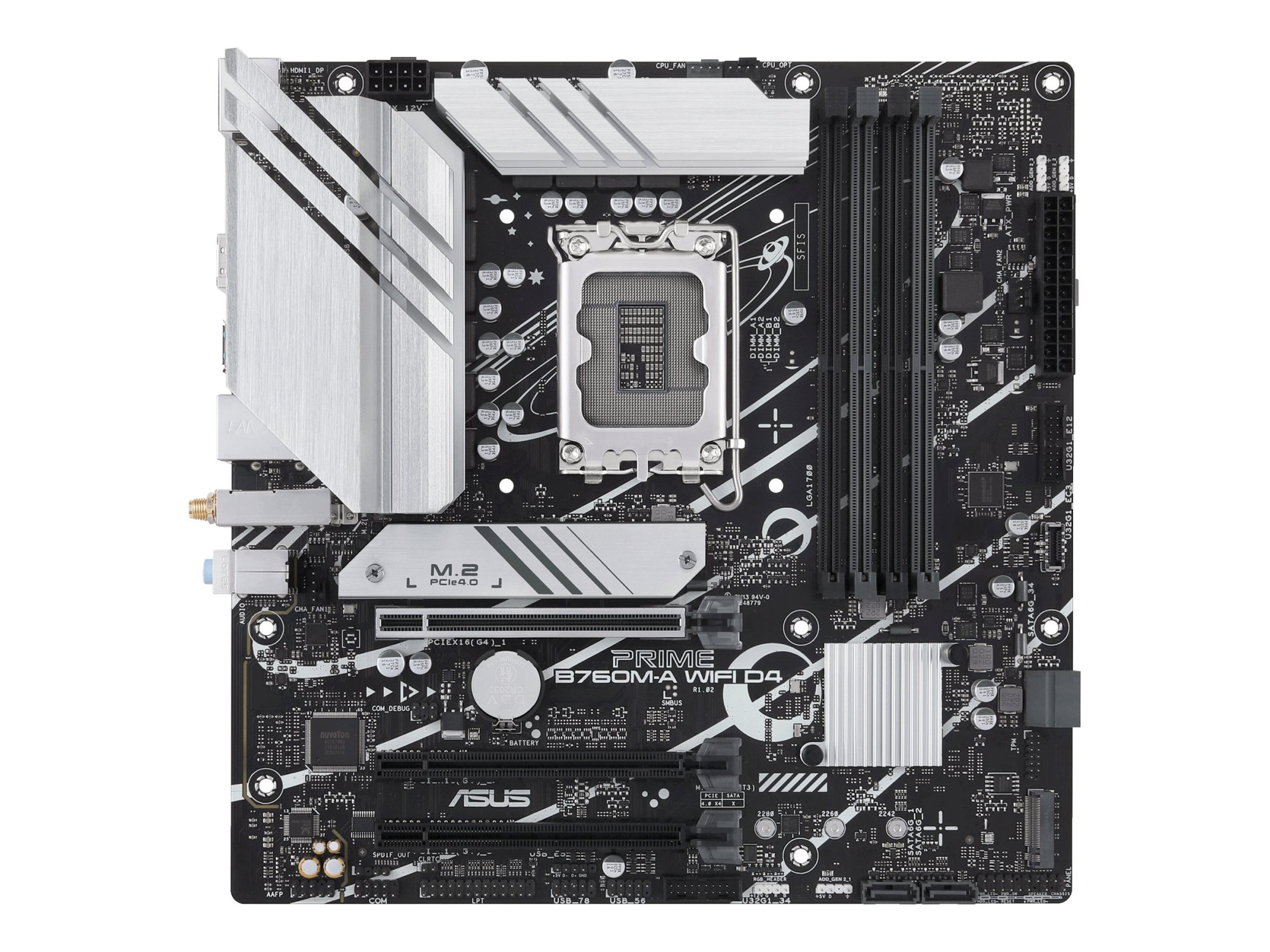 Asus | PRIME B760M-A WIFI D4 | Processor family Intel | Processor socket LGA1700 | DDR4 DIMM | Supported hard disk drive interfaces SATA, M.2 | Number of SATA connectors 4
