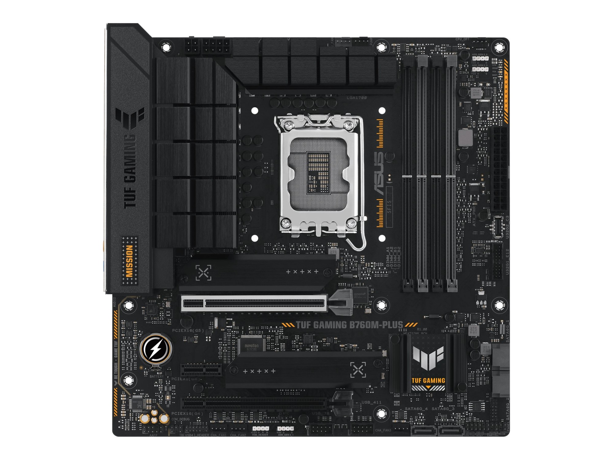 ASUS TUF GAMING B760M-PLUS | Asus | Processor family Intel B760 | Processor socket 1 x LGA1700 Socket | 4 DIMM slots - DDR5, non-ECC, on-die ECC, unbuffered | Supported hard disk drive interfaces SATA-600 (RAID), 2 x M.2 | Number of SATA connectors 4