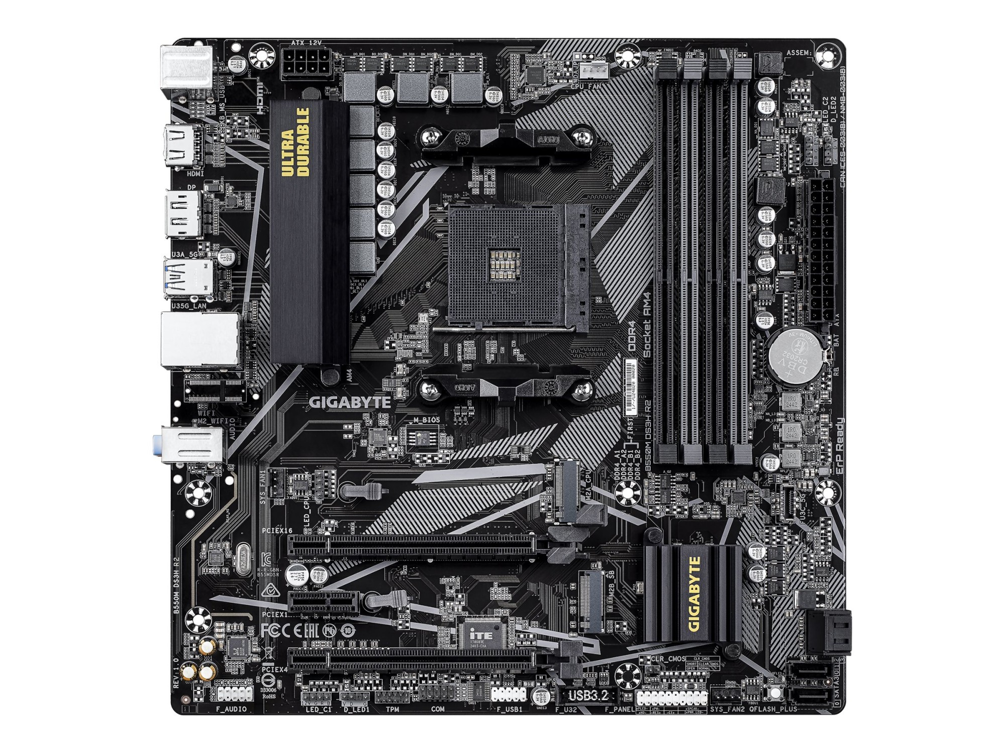 Gigabyte B550M DS3H R2 | Processor family AMD | Processor socket AM4 | DDR4 DIMM | Supported hard disk drive interfaces SATA, M.2 | Number of SATA connectors 4 - Image 2