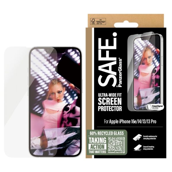 PanzerGlass Screen protector | Apple | iPhone 16e/14/13/13 Pro | Glass | Transparent | Ultra-Wide Fit W. Aligner