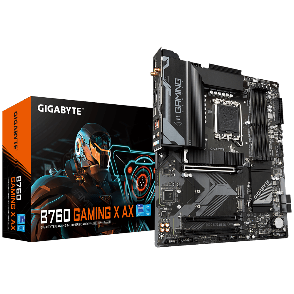 Gigabyte | B760 GAMING X AX 1.1 M/B | Processor family Intel | Processor socket LGA1700 | DDR5 DIMM | Memory slots 4 | Supported hard disk drive interfaces SATA, M.2 | Number of SATA connectors 4 | Chipset Intel B760 Express | ATX
