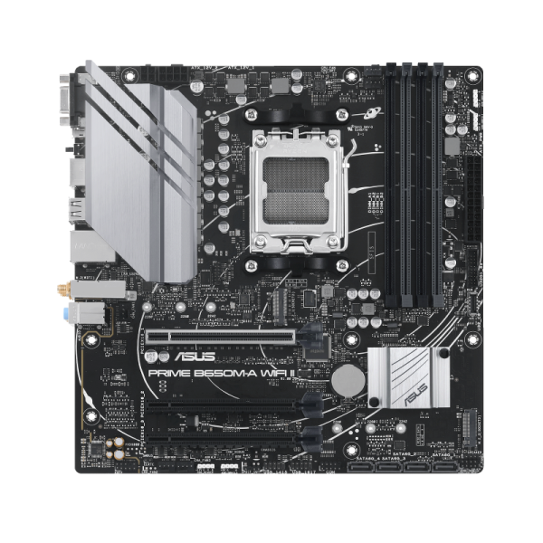 Asus | PRIME B650M-A WIFI II | Processor family AMD | Processor socket AM5 | DDR5 DIMM | Memory slots 4 | Supported hard disk drive interfaces 	SATA, M.2 | Number of SATA connectors 4 | Chipset  AMD B650 | mATX