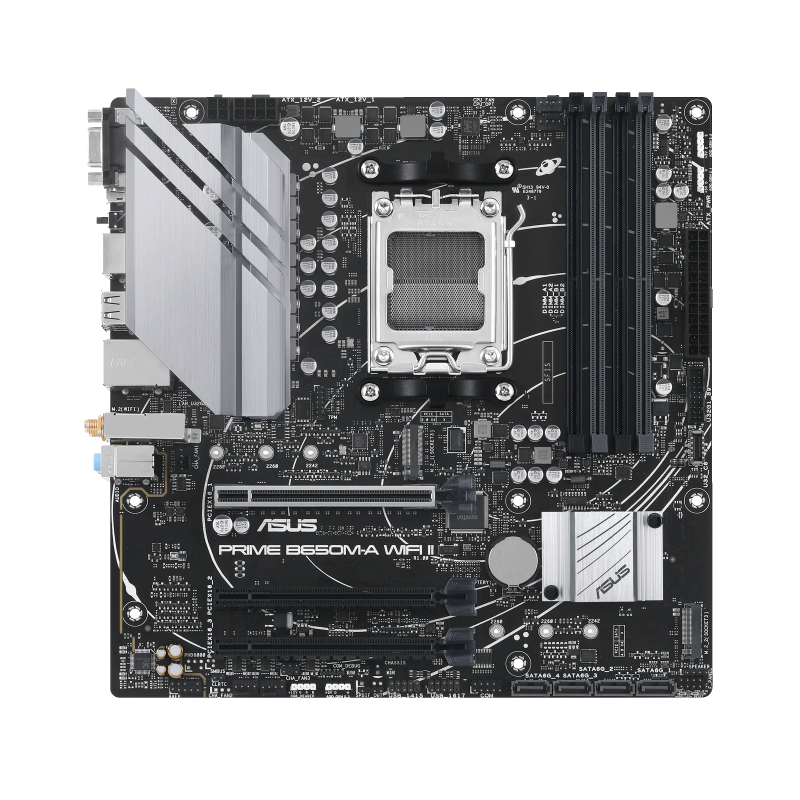 Asus | PRIME B650M-A WIFI II | Processor family AMD | Processor socket AM5 | DDR5 DIMM | Memory slots 4 | Supported hard disk drive interfaces SATA, M.2 | Number of SATA connectors 4 | Chipset AMD B650 | mATX