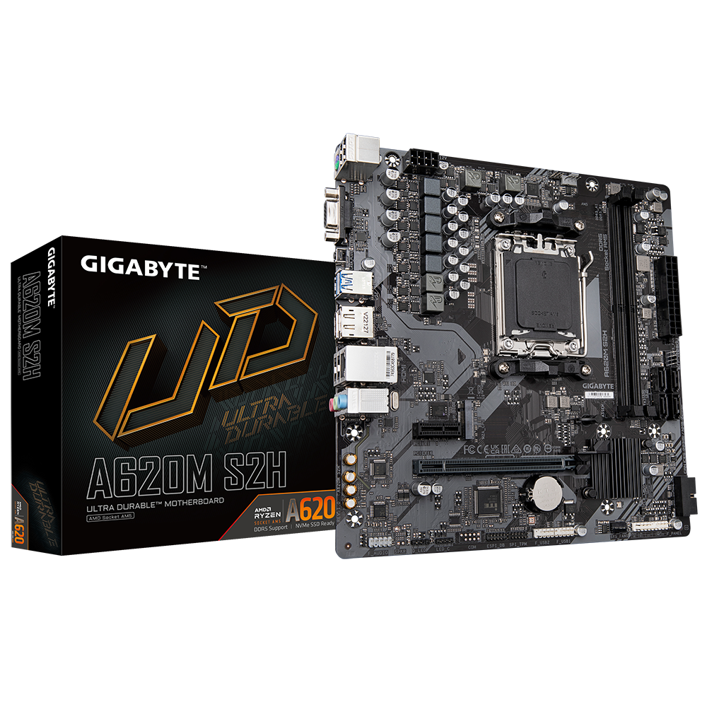 Gigabyte | A620M S2H 1.0 M/B | Processor family AMD | Processor socket AM5 | DDR5 DIMM | Memory slots 2 | Supported hard disk drive interfaces SATA, M.2 | Number of SATA connectors 4 | Chipset AMD A620 | Micro ATX