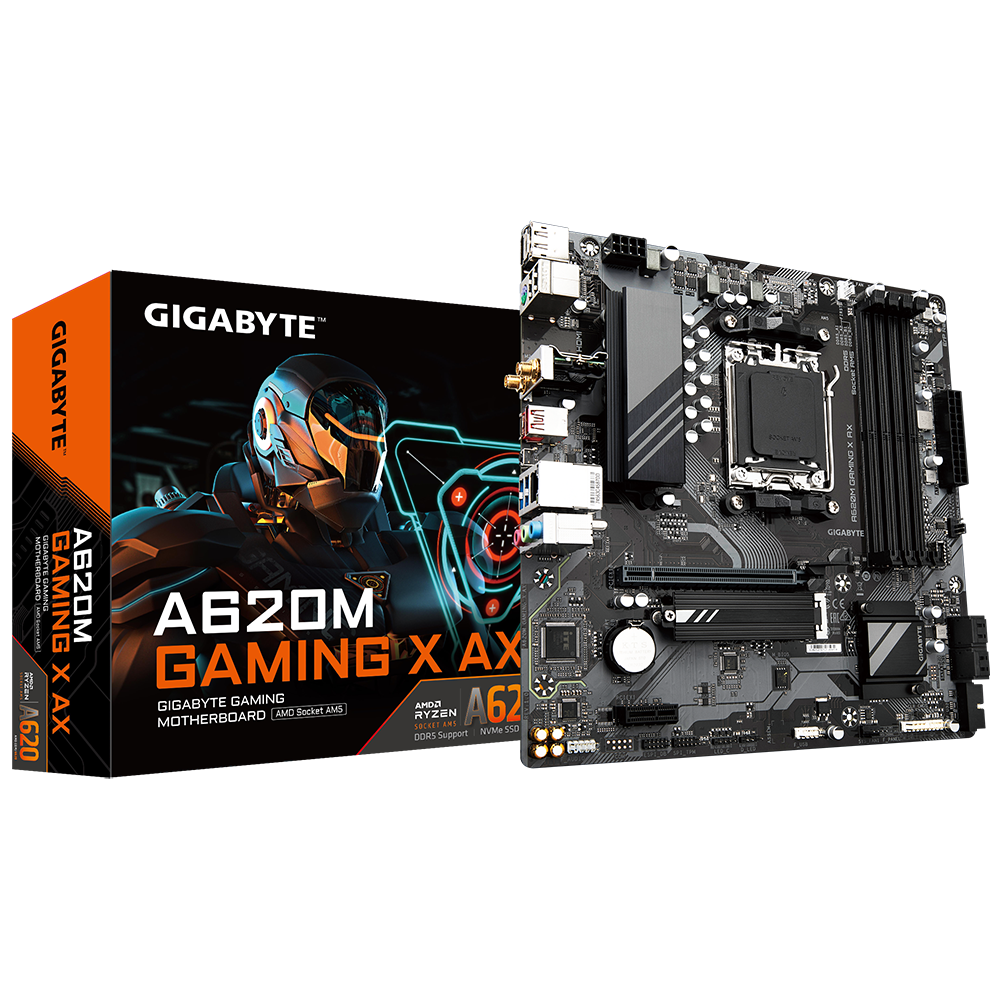 Gigabyte | A620M GAMING X AX 1.0 M/B | Processor family AMD | Processor socket AM5 | DDR5 DIMM | Memory slots 4 | Supported hard disk drive interfaces SATA, M.2 | Number of SATA connectors 4 | Chipset AMD A620 | Micro ATX