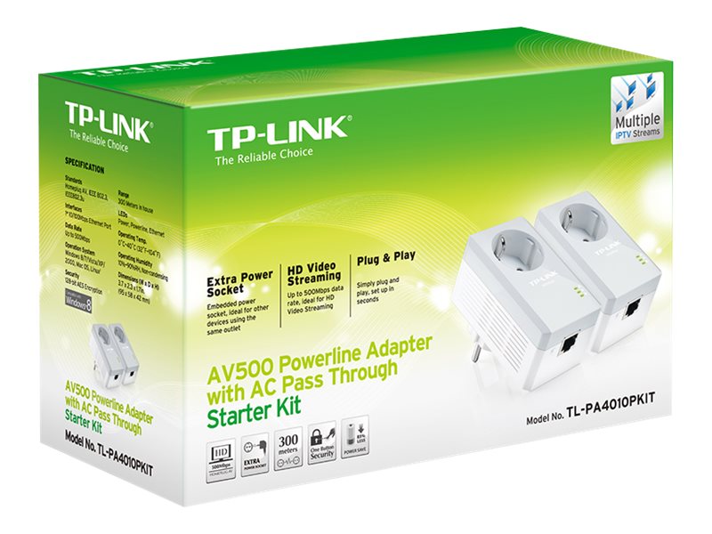 TP-LINK | Passthrough Powerline 600 Starter Kit | TL-PA4010P KIT | 10/100 Mbit/s | Ethernet LAN (RJ-45) ports 1 | Data transfer rate (max) 600 Mbit/s | Extra socket - Image 2