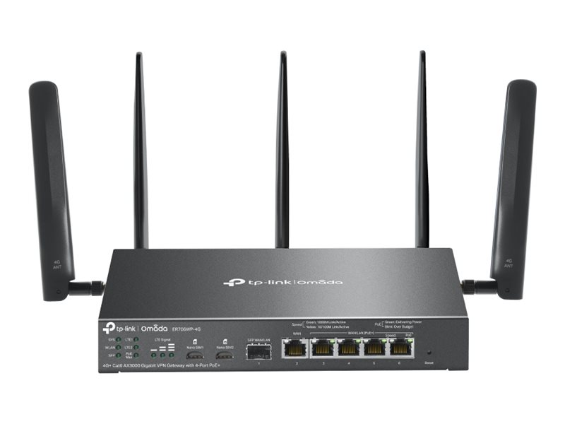 TP-LINK ER706WP-4G Omada 4G+ Cat6 AX3000 Gigabit VPN Gateway with 4-Port PoE+ | TP-LINK