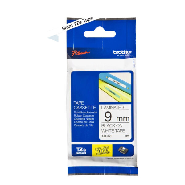 Brother | TZe-221 Laminated Tape | Black on White | TZe | 8 m | 9 cm