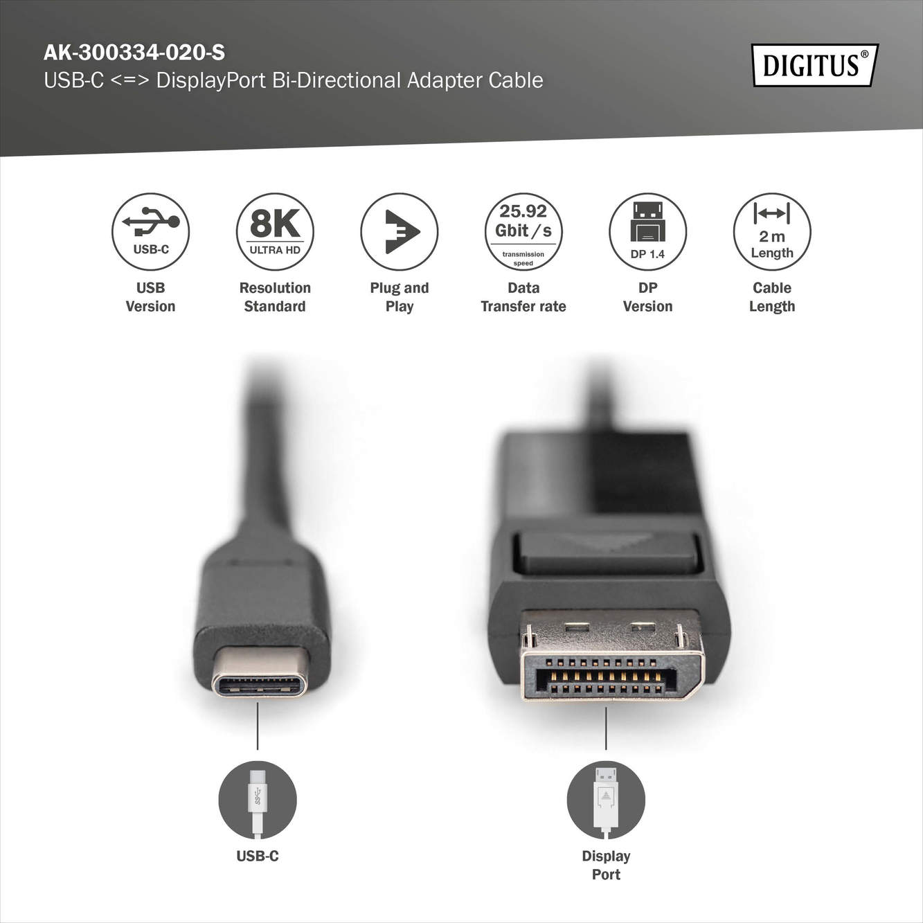 Digitus | Bi-Directional Adapter Cable 2 m | AK-300334-020-S | USB Type C to DisplayPort - Image 3