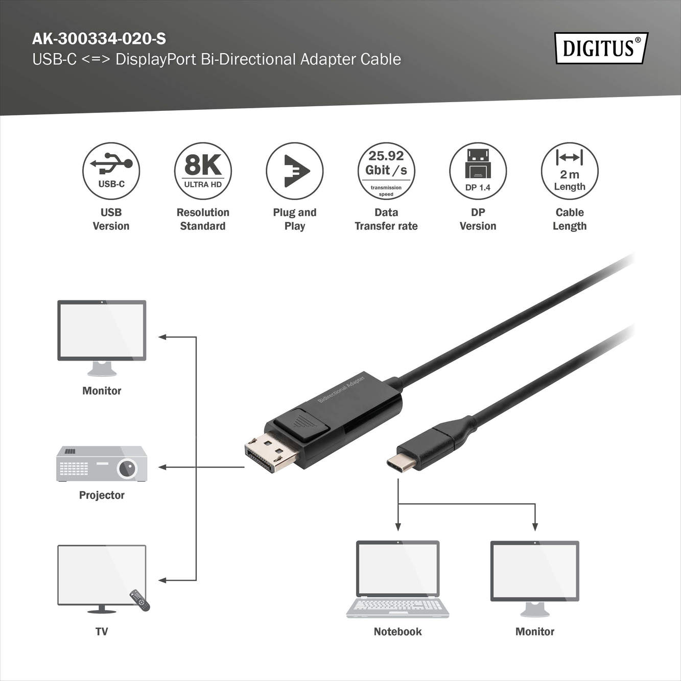 Digitus | Bi-Directional Adapter Cable 2 m | AK-300334-020-S | USB Type C to DisplayPort - Image 4