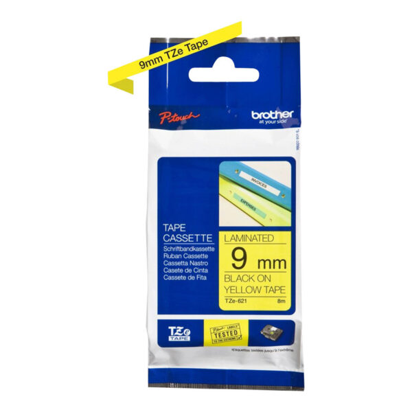 Brother | TZe-621 Laminated Tape | Black on Yellow | TZe | 8 m | 9 cm