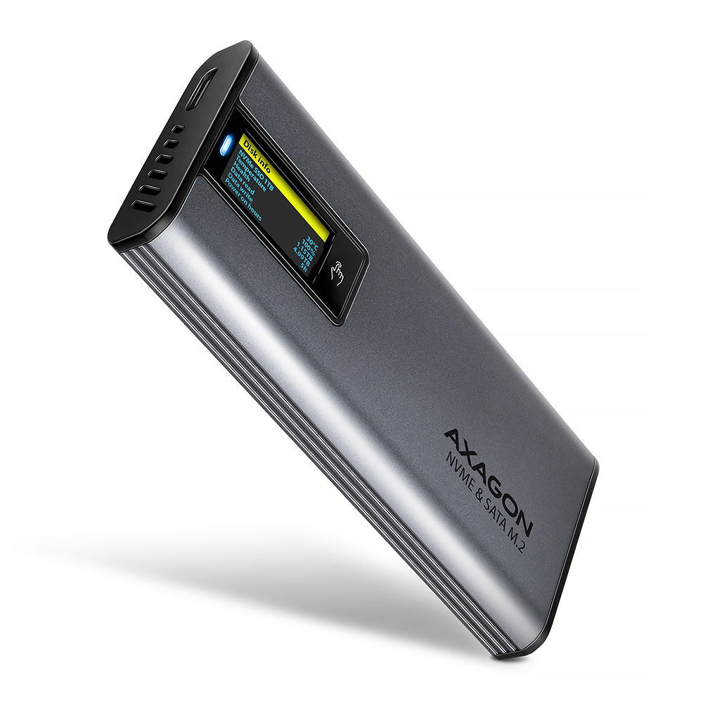 AXAGON External USB-C 10Gbps metal box with info display for M.2 NVMe and SATA SSD | EEM2-SD2