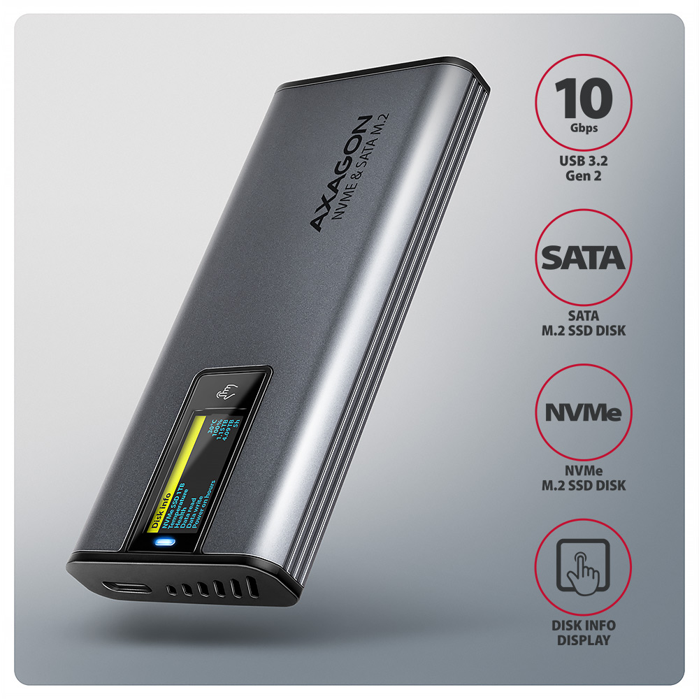 AXAGON External USB-C 10Gbps metal box with info display for M.2 NVMe and SATA SSD | EEM2-SD2 - Image 5