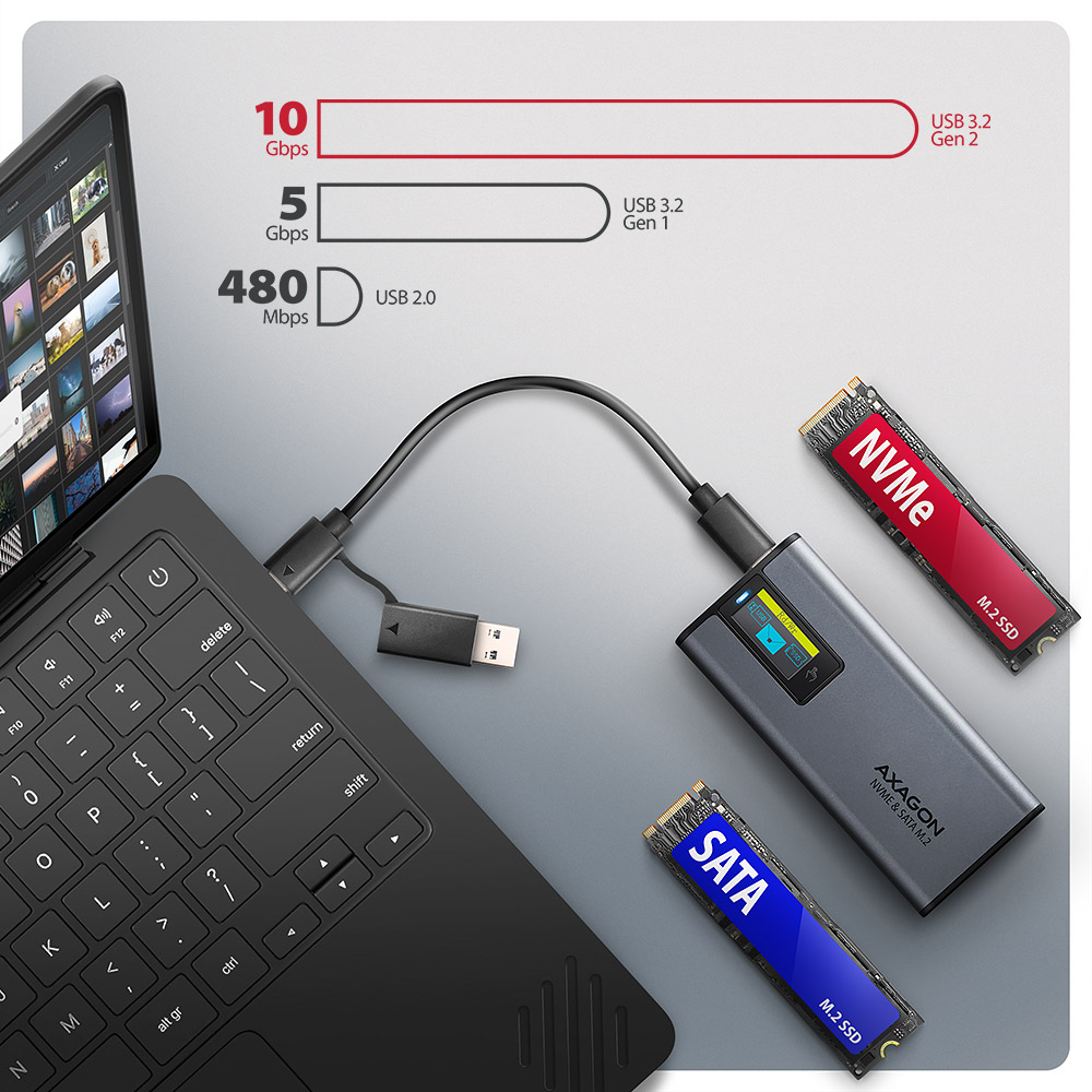 AXAGON External USB-C 10Gbps metal box with info display for M.2 NVMe and SATA SSD | EEM2-SD2 - Image 9