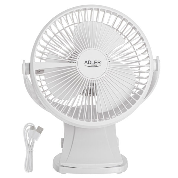 Adler Rechargeable Clip-on Desk Fan | AD 7342 | Table Fan | White | Diameter 15.5 cm | Number of speeds 3 | Oscillation | 5 W