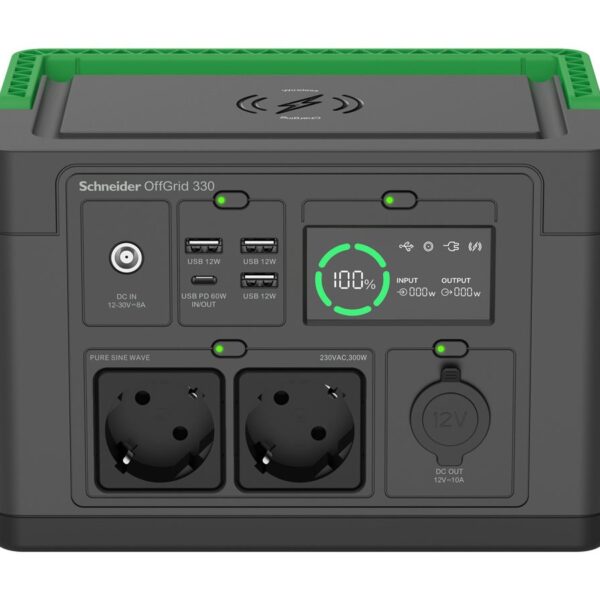 Schneider Electric Schneider OffGrid Portable Power Station 330, 230V, 332Wh Lithium-ion, LCD, 2 CEE 7/3 Schuko outlets, Sinewave, 3 USB-A, 1 USB-C, Wireless Charger | PPS330-GR