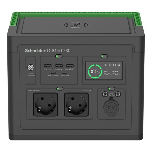 Schneider Electric OffGrid Portable Power Station 730, 738Wh Lithium-ion, LCD, 2 CEE 7/3 Schuko outlets, Sinewave, 3 USB-A, 2 USB-C, Wireless Charger | PPS730-GR