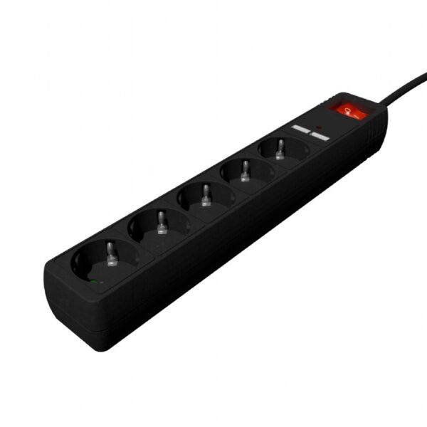 EnerGenie Extension Cord with USB Charger, 5 outlets, 1.5 m, Black | SPG5-U2-5-02