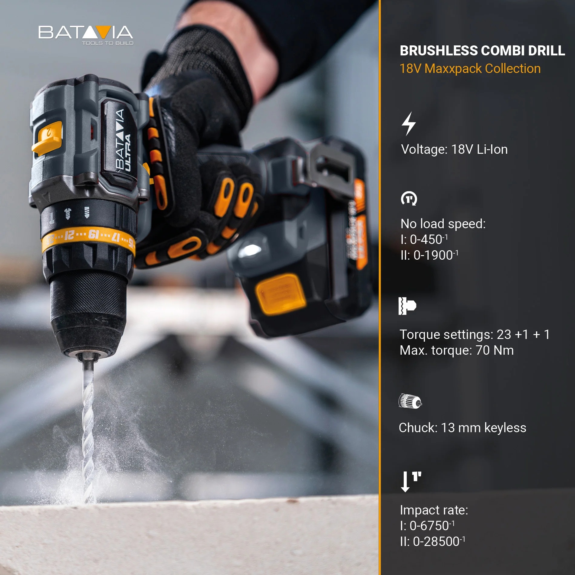 Batavia B.V. 18V Cordless Brushless Combi Drill 70 Nm, Without Battery and Charger - Image 10