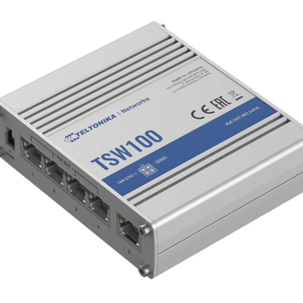 Teltonika | Industiral POE+ Swith | TSW100 | Unmanaged | Desktop | Gigabit Ethernet (copper) ports quantity 5 | Power over Ethernet (PoE) ports quantity 4 | PoE+ ports quantity 4 | 24 month(s)