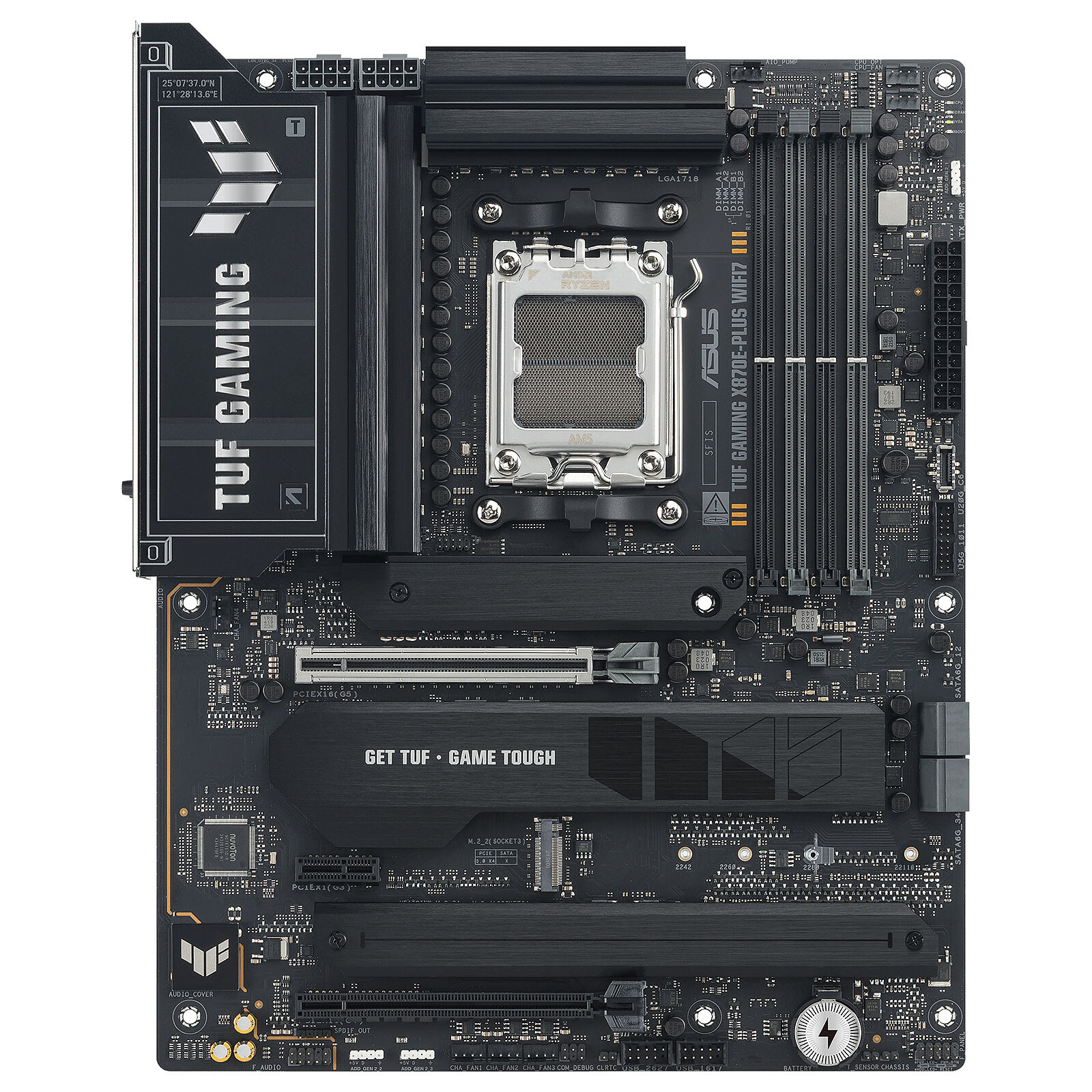 Asus TUF GAMING X870E-PLUS WIFI7 | Processor family AMD | Processor socket AM5 | DDR5 | Supported hard disk drive interfaces SATA, M.2 | Number of SATA connectors 4 - Image 2