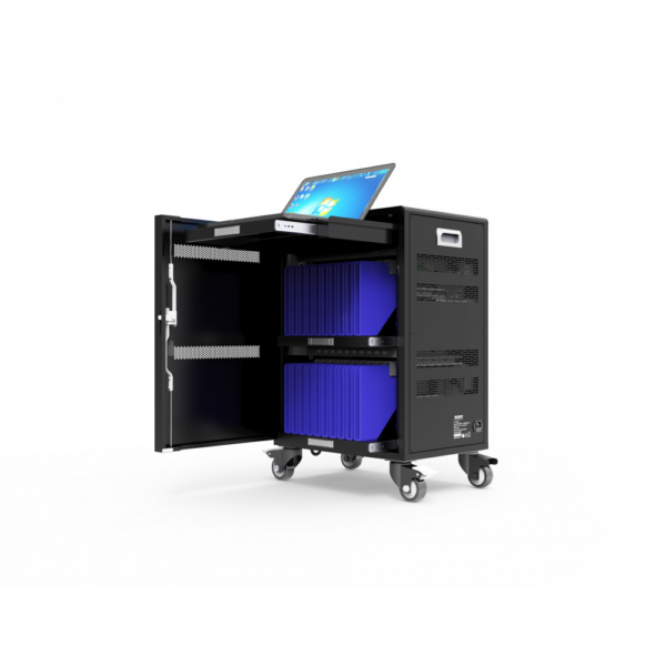 PORT CONNECT | Charging Cabinet 20 tablets + 1 Notebook | 1 sliding rack for 17’’ notebook; Protection against overvoltage;  3 points lock; Charge progress indicator; Silent cooling ventilator; Integrated UV lamp destroys viruses and bacteria; Omnidirectional wheels + brakes; Securing anchor point for cable or chain
