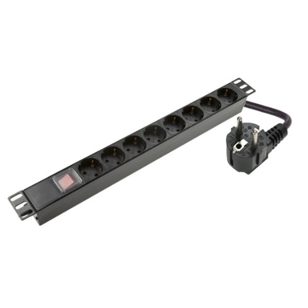 SOMI Networks | 1U, 19″, 8x Schuko PDU Power Panel | PDU08SAS | Black | With Switch; No Protection; Schuko Input; Cord 1.8m