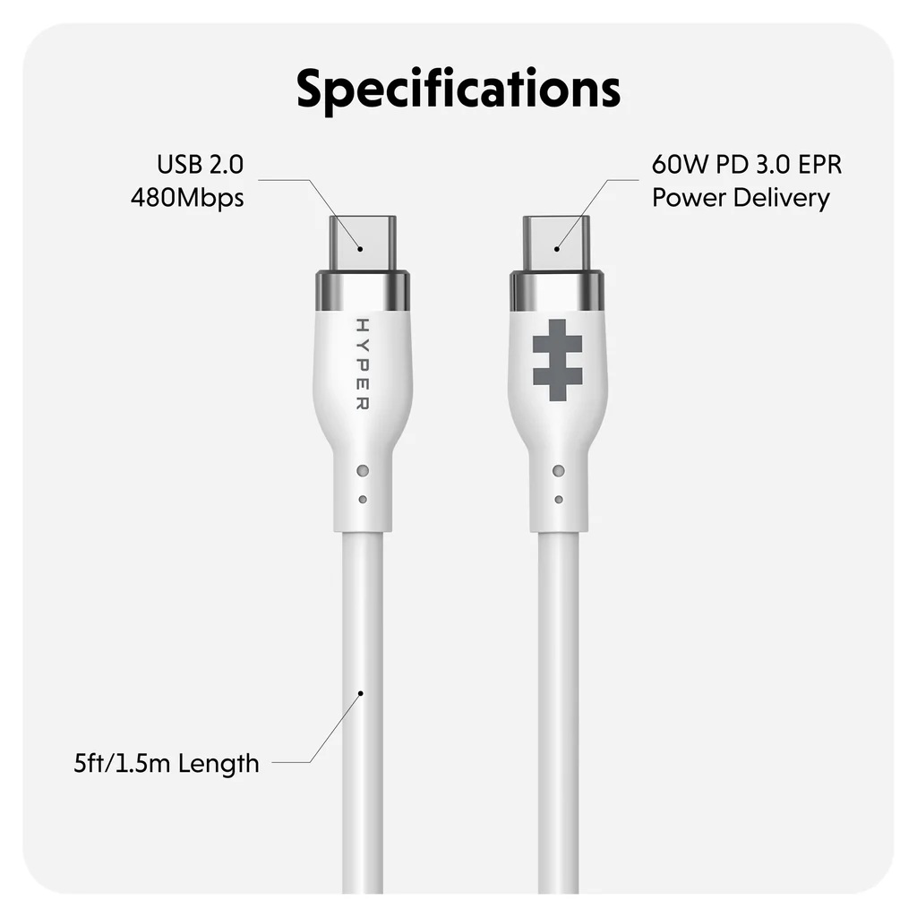 Hyper | HyperJuice USB-C Silicone Charging Cable, 1.5 m, White | HJ4011WHGL - Image 6
