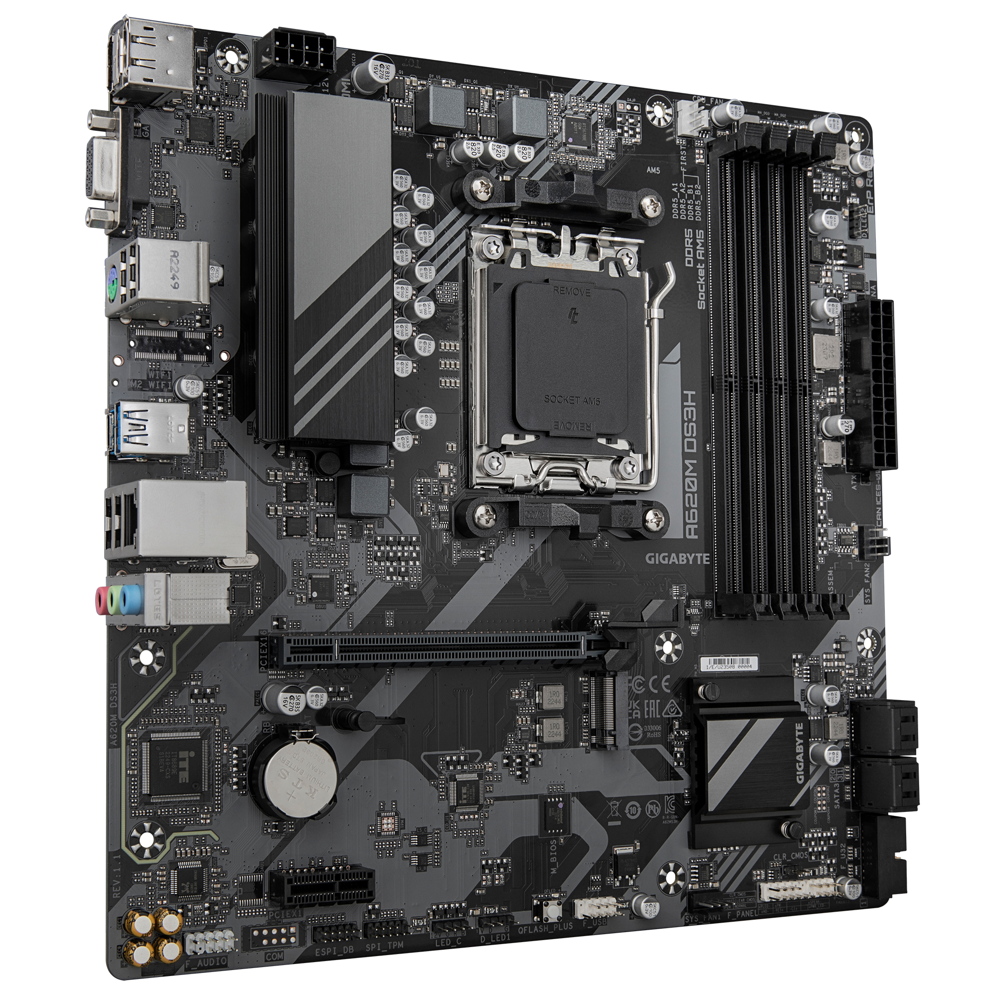 Gigabyte A620M DS3H | Processor family AMD | Processor socket AM5 | DDR5 | Supported hard disk drive interfaces M.2, SATA | Number of SATA connectors 4 - Image 2