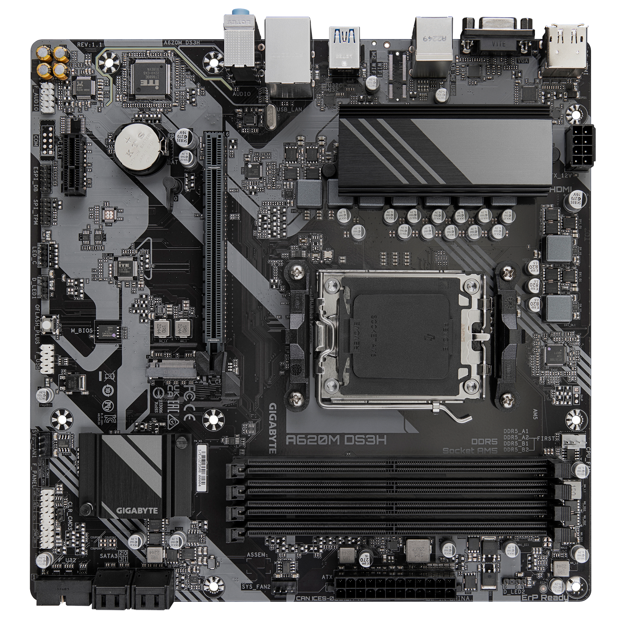 Gigabyte A620M DS3H | Processor family AMD | Processor socket AM5 | DDR5 | Supported hard disk drive interfaces M.2, SATA | Number of SATA connectors 4 - Image 3