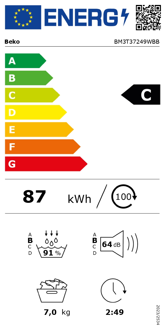 BEKO Dryer Machine | BM3T37249WBB | Energy efficiency class C | Front loading | 7 kg | Digital | Depth 54.5 cm | White - Image 9