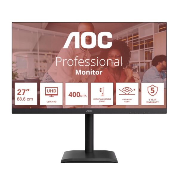 AOC | U27E4CV | 27 " | IPS | UHD | 16:9 | 60 Hz | 4 ms | 3840 x 2160 pixels | 400 cd/m² | HDMI ports quantity 2 | Black