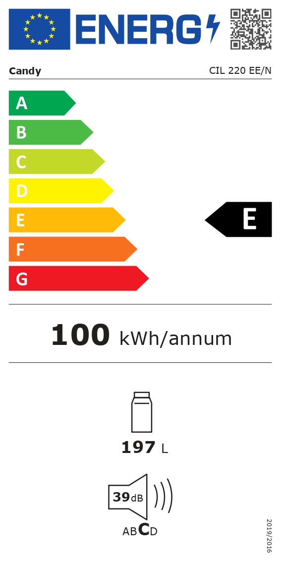 Candy | Refrigerator | CIL 220 EE/N | Energy efficiency class E | Built-in | Larder | Height 122.1 cm | Fridge net capacity 197 L | 39 dB | White - Image 2