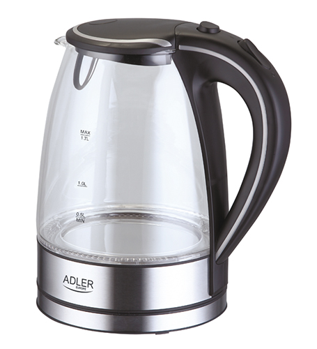 Adler | Kettle | AD 1225 | Standard | 2000 W | 1.7 L | Glass | 360° rotational base | Transparent/Stainless steel