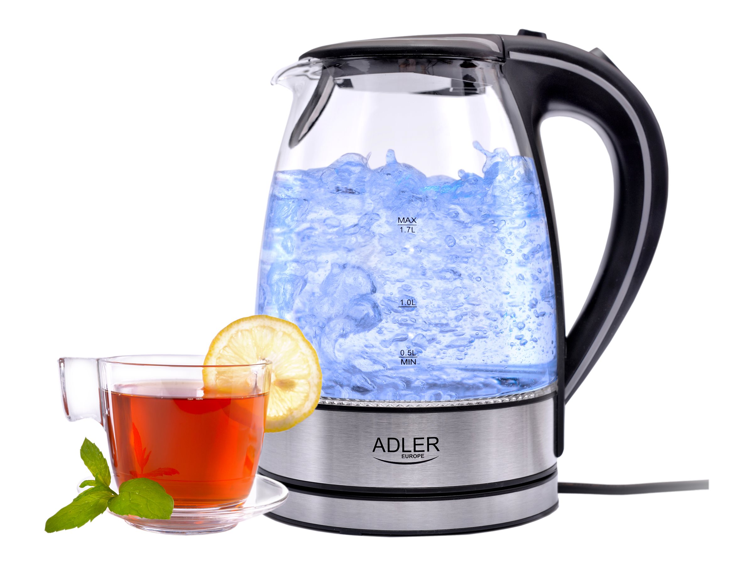 Adler | Kettle | AD 1225 | Standard | 2000 W | 1.7 L | Glass | 360° rotational base | Transparent/Stainless steel - Image 7
