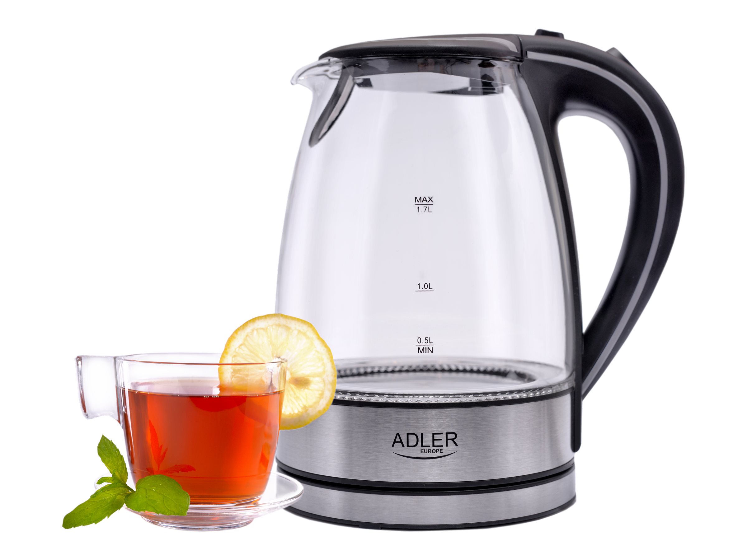 Adler | Kettle | AD 1225 | Standard | 2000 W | 1.7 L | Glass | 360° rotational base | Transparent/Stainless steel - Image 8