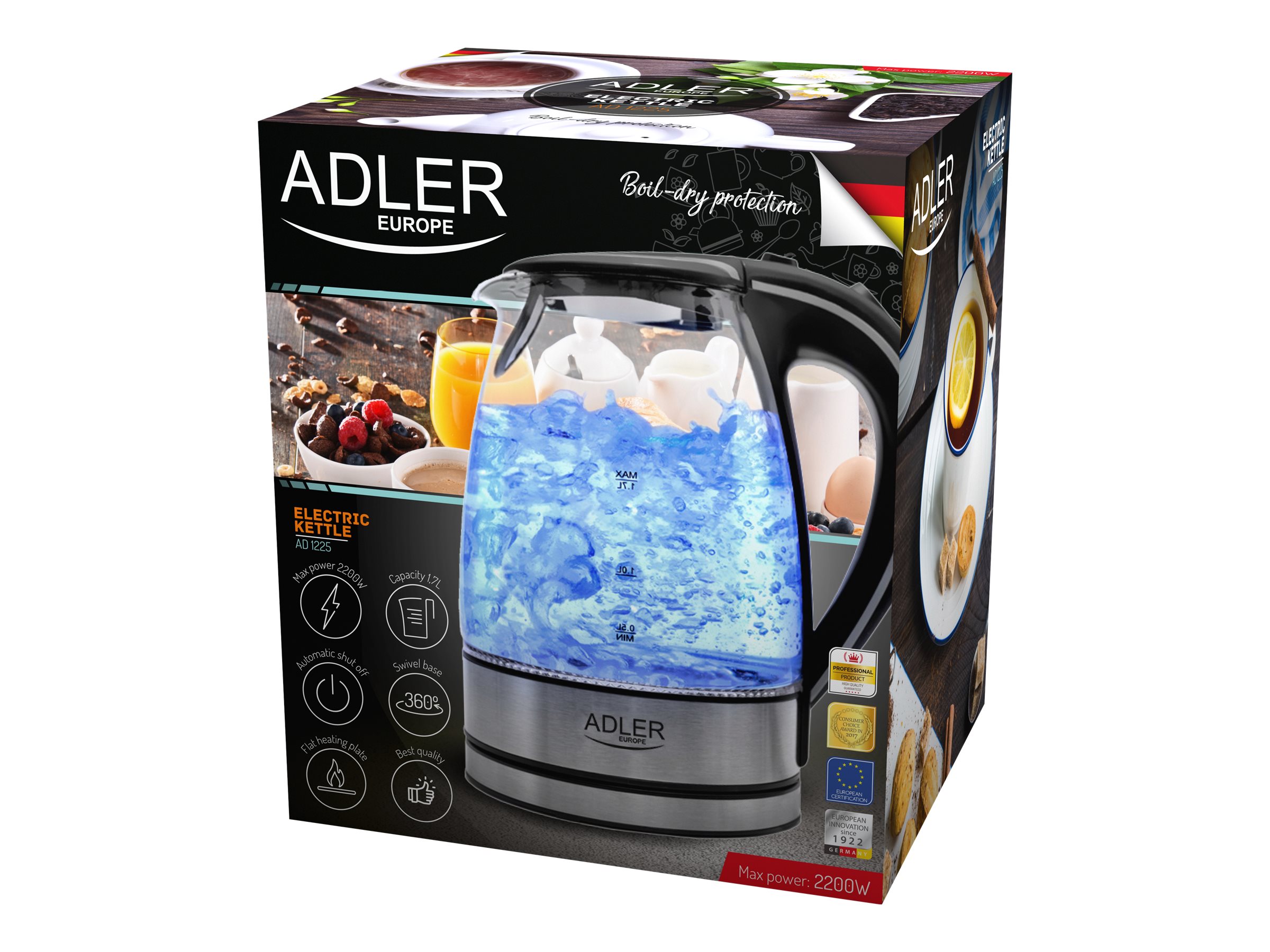 Adler | Kettle | AD 1225 | Standard | 2000 W | 1.7 L | Glass | 360° rotational base | Transparent/Stainless steel - Image 11