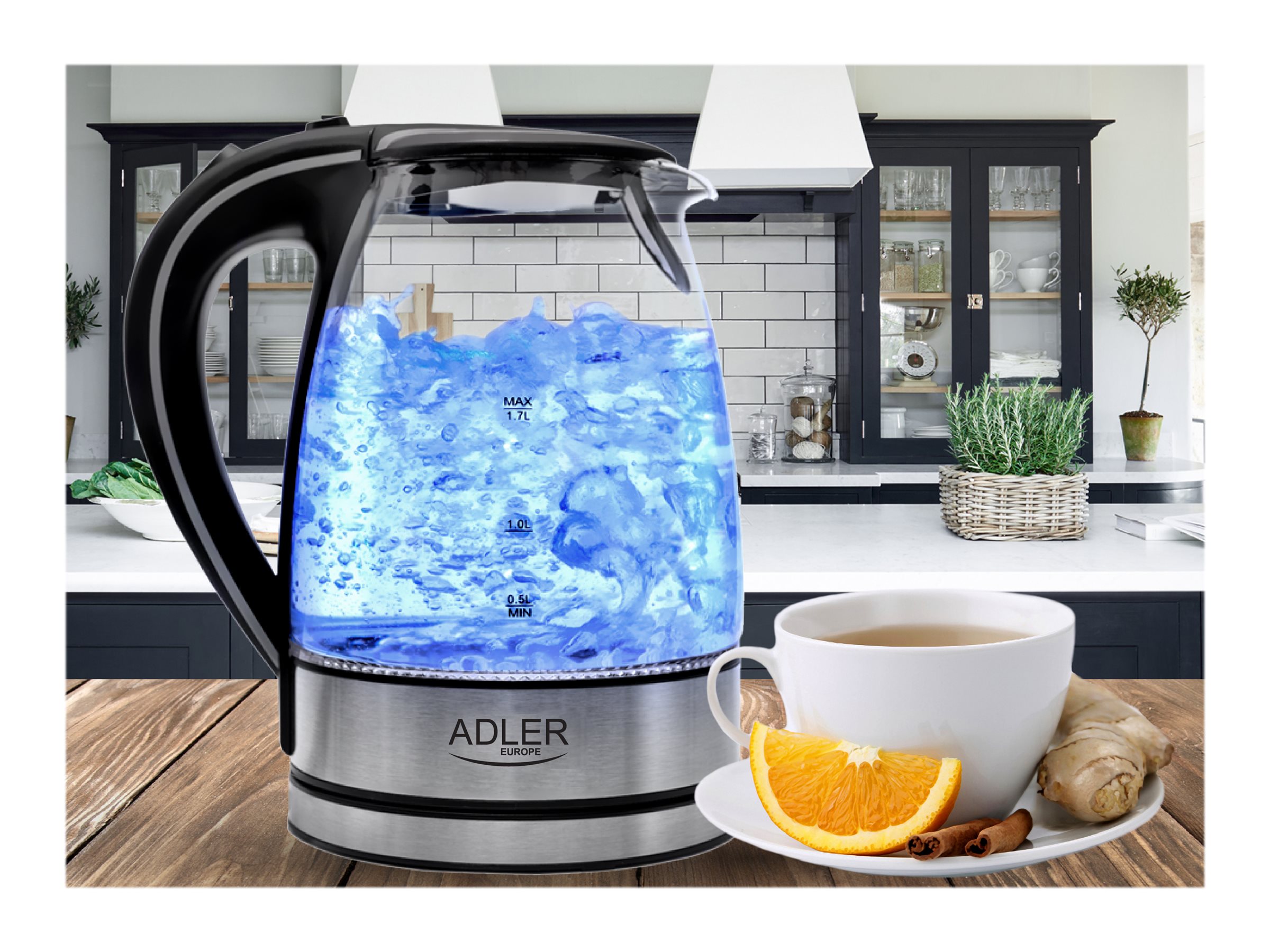Adler | Kettle | AD 1225 | Standard | 2000 W | 1.7 L | Glass | 360° rotational base | Transparent/Stainless steel - Image 15