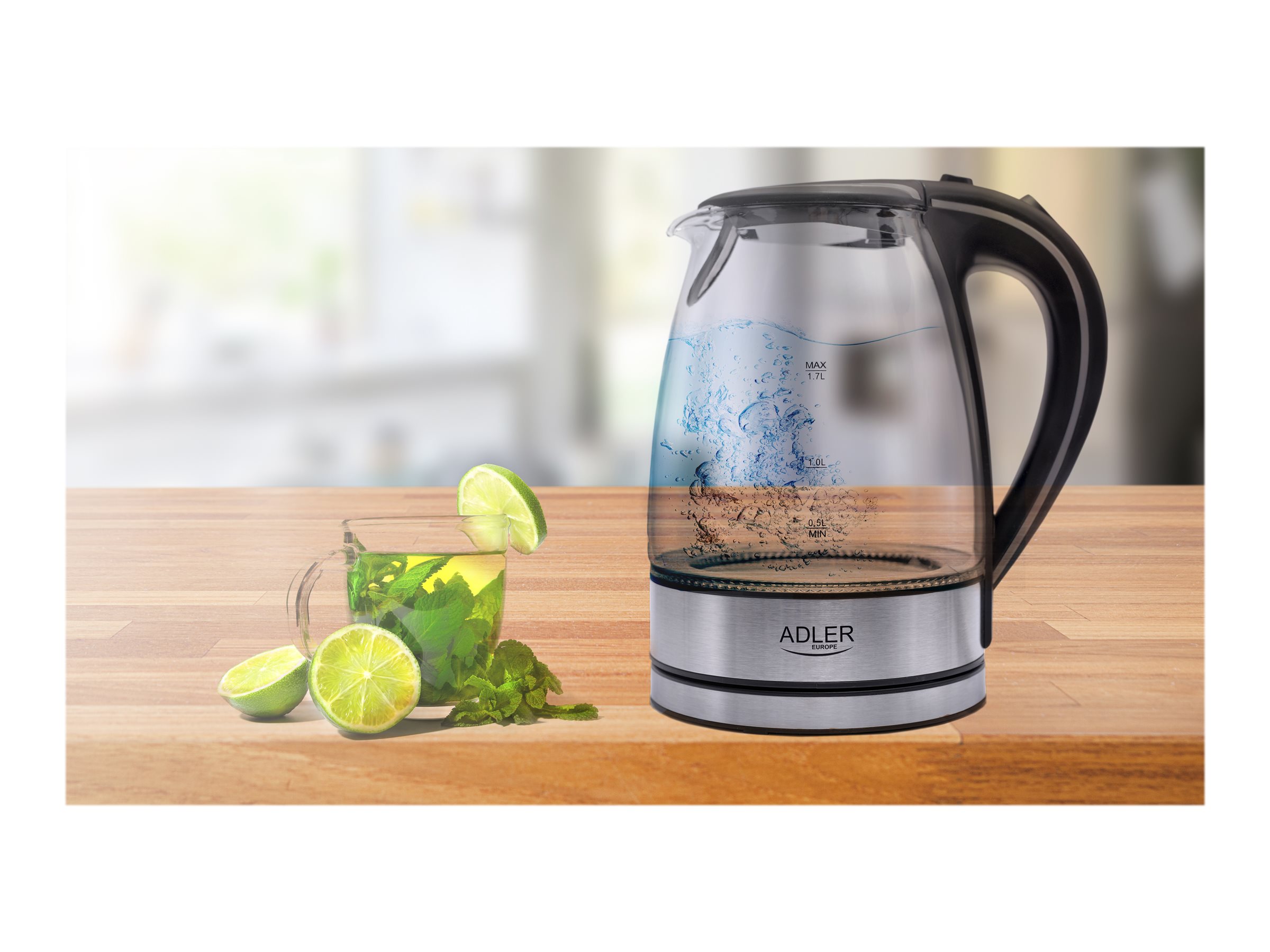 Adler | Kettle | AD 1225 | Standard | 2000 W | 1.7 L | Glass | 360° rotational base | Transparent/Stainless steel - Image 16