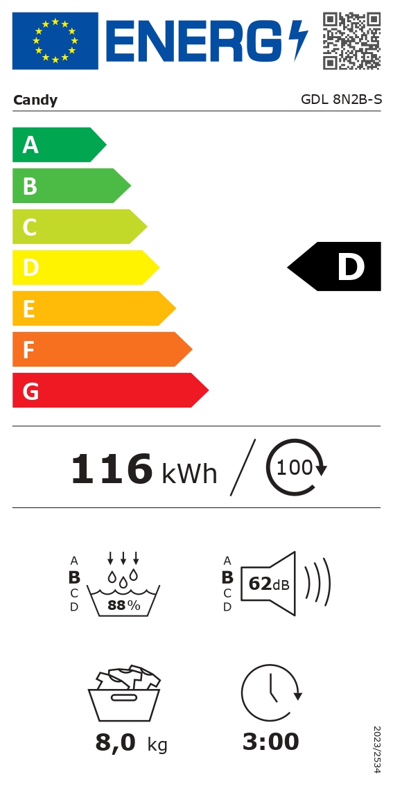 Candy | Dryer Machine | GDL 8N2B-S | Energy efficiency class D | Front loading | 8 kg | Heat pump | LED | Depth 59 cm | White - Image 6