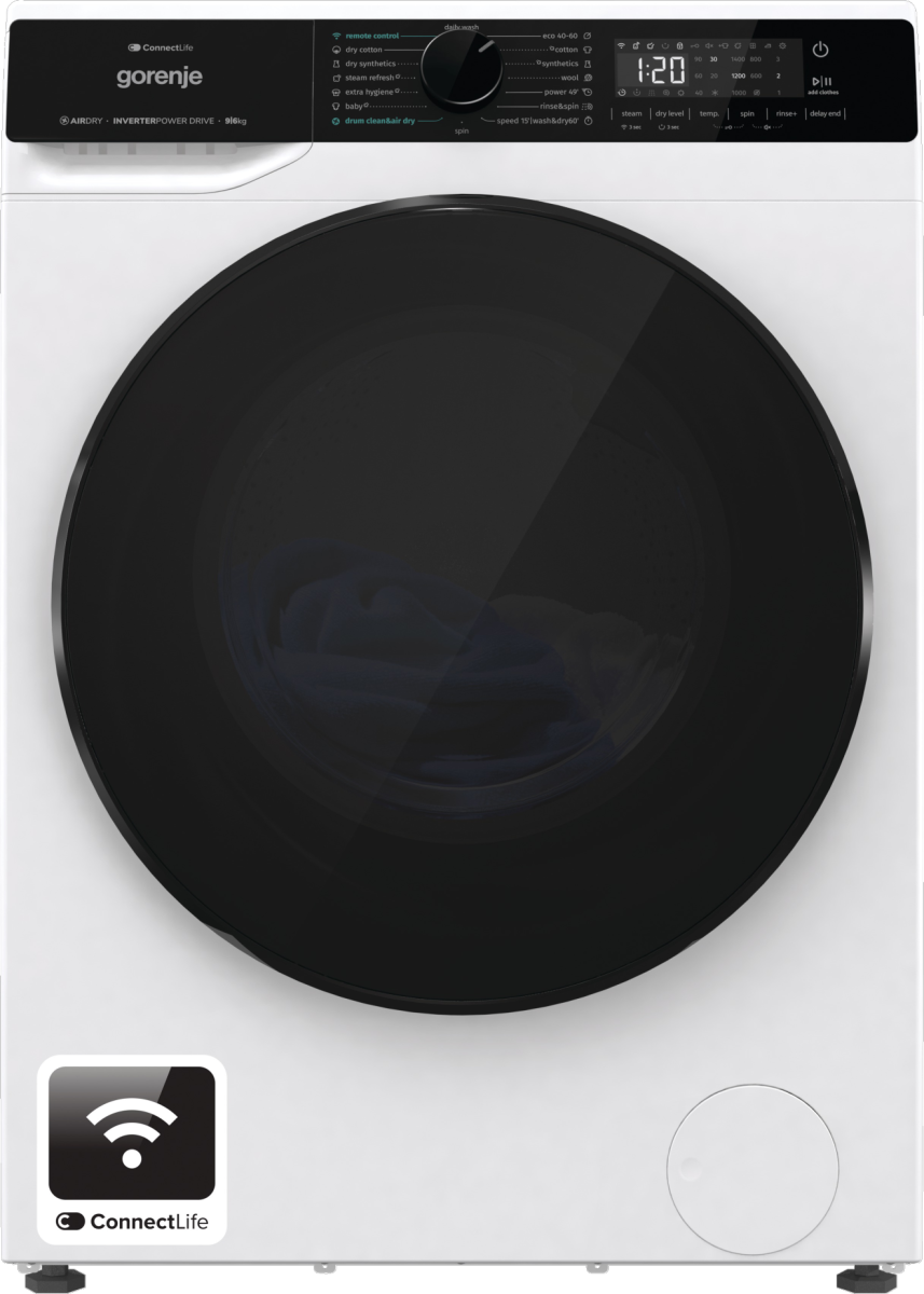 Gorenje Washing Machine with Dryer | WD2PA964ADW | Energy efficiency class A/D | Front loading | Washing capacity 9 kg | 1400 RPM | Depth 55 cm | Width 60 cm | Display | LED | Drying system | Drying capacity 6 kg | Steam function | Wi-Fi | White