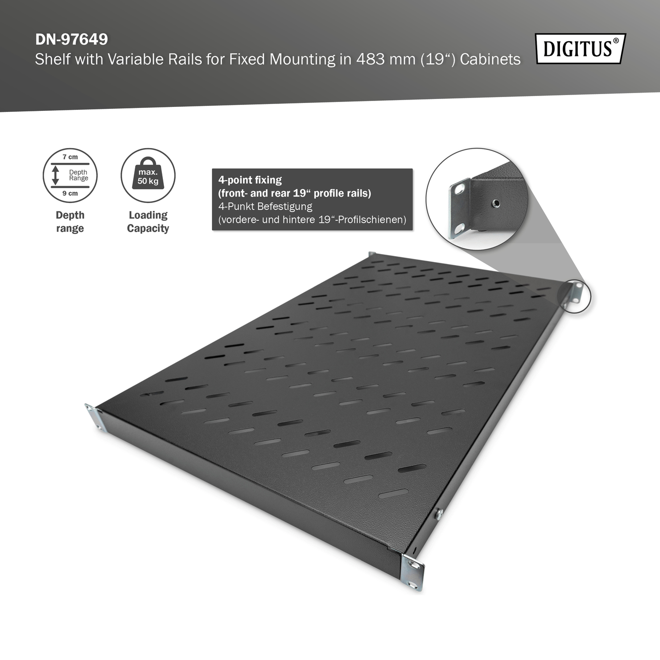 Digitus Shelf with Variable Rails for Fixed Mounting in 483 mm (19") Cabinets | DN-97649 - Image 6