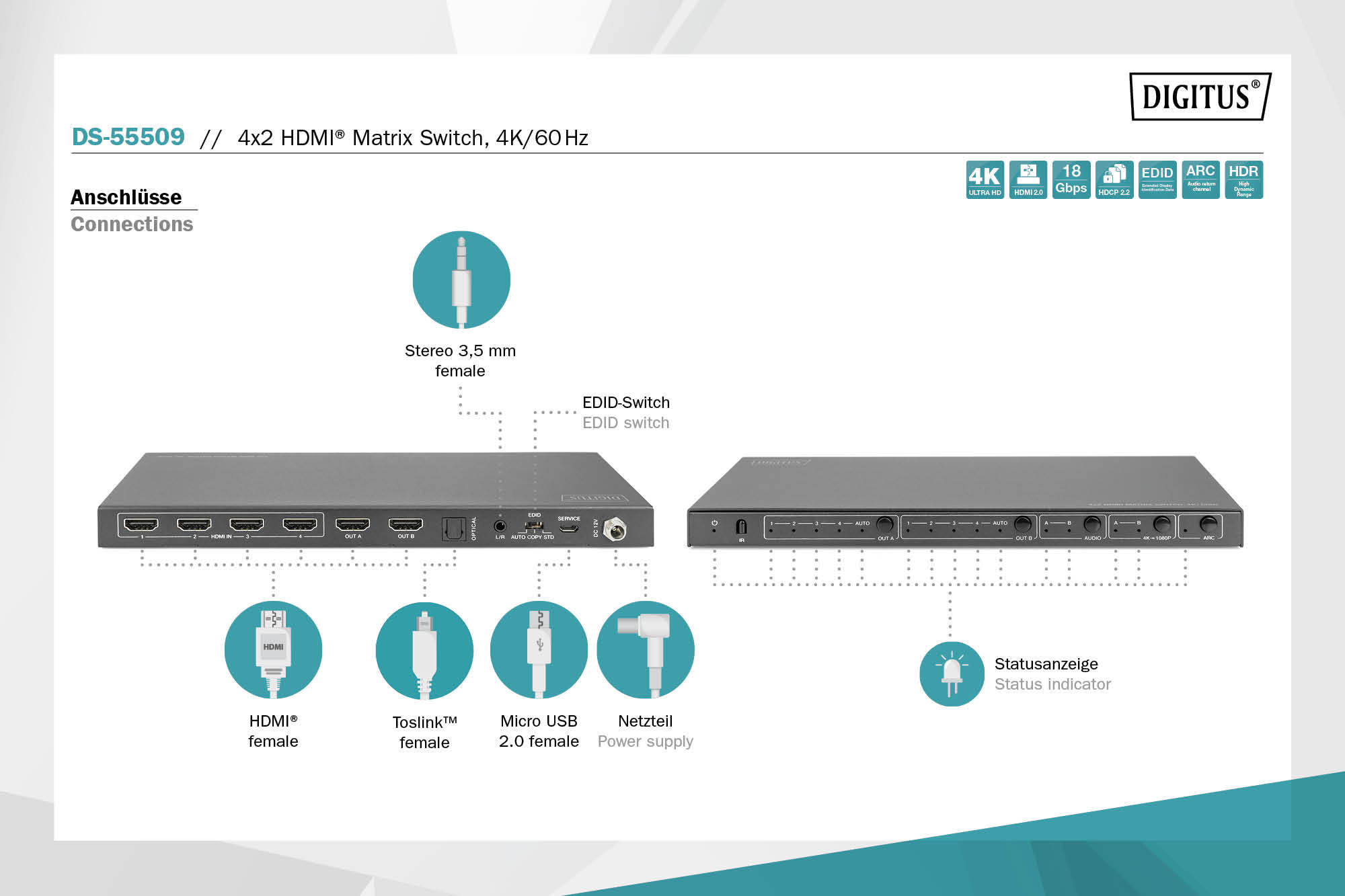 Digitus | 4x2 HDMI Matrix Switch, 4K/60Hz | DS-55509 - Image 4