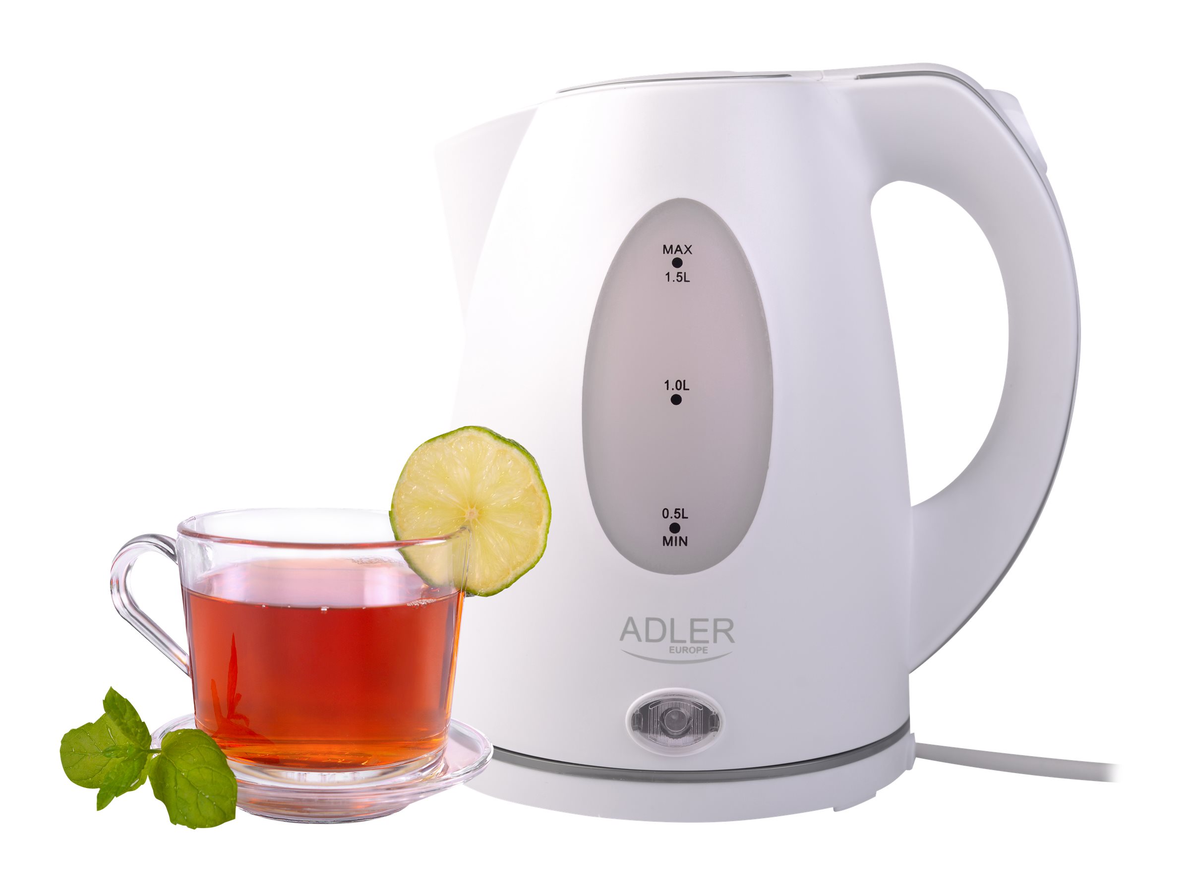 Adler | Kettle | AD 1207 | Standard | 2000 W | 1.5 L | Plastic | 360° rotational base | White - Image 2