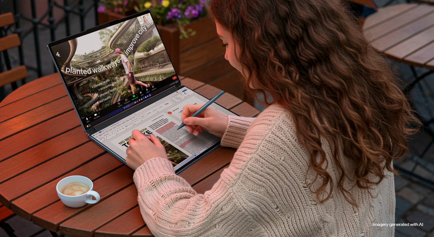 Lenovo Yoga Book 9 14IAH10 | Tidal Teal | 2x14 " | OLED | Touchscreen | 2.8K WQXGA+ | 2880 x 1800 pixels | Intel Core Ultra 7 | 255H | 32 GB | Soldered LPDDR5x | Solid-state drive capacity 1000 GB | Intel Arc 140T GPU | Windows 11 Pro | 802.11be | Bluetooth version 5.4 | Keyboard language English | Keyboard backlit | Warranty 24 month(s) | Battery warranty 12 month(s) - Image 86