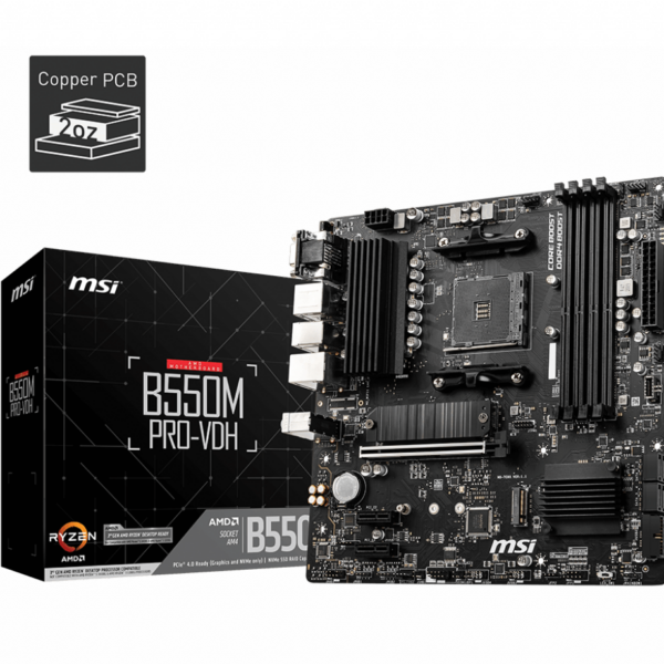 MSI | B550M PRO-VDH | Processor family AMD | Processor socket AM4 | DDR4 | Memory slots 4 | Number of SATA connectors 4 | Chipset AMD B | Micro ATX